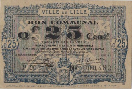 Аверс банкноты 25 centymów - Ville de Lille (Francja) 1917