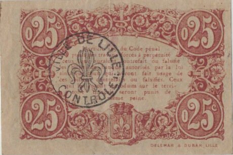 Реверс банкноты 25 centymów - Ville de Lille (Francja) 1917