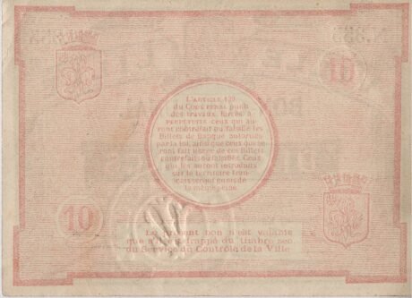 Реверс банкноты 10 franków – Ville de Lille (Francja) 1914
