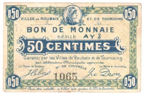 Аверс банкноты 50 сантимов - города Рубе и Туркуэн (Франция)
