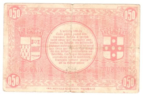 Реверс банкноты 50 сантимов - города Рубе и Туркуэн (Франция)