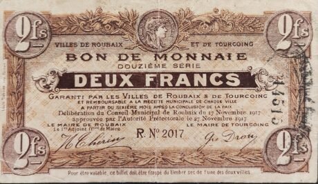 Аверс банкноты 2 франка - Виль де Рубе и де Туркуэн (Франция) 1917 года