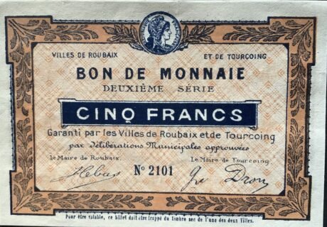 Аверс банкноты 5 франков - Города Рубе и Туркуэн (Франция) 1914 года