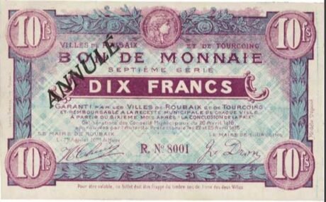 Аверс банкноты 10 франков - Виль де Рубе и де Туркуэн (Франция) 1916 года