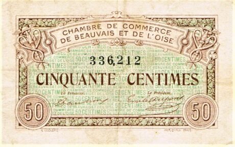 Аверс банкноты 50 сантимов - Торговая палата Бове и Уаза (Франция) 1920 года