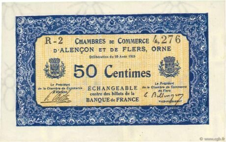Аверс банкноты 50 сантимов - Торговые палаты Алансона и Флера (Франция) 1915 года