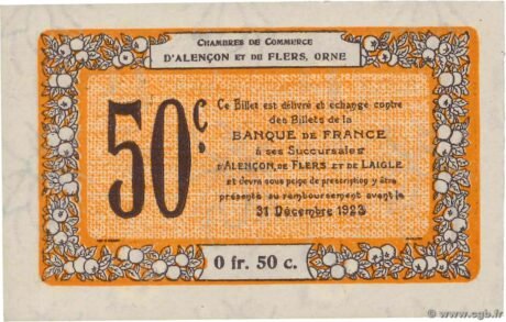 Реверс банкноты 50 сантимов - Торговые палаты Алансона и Флерса (Франция) 1915 года