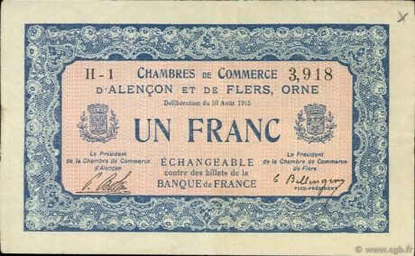 Аверс банкноты 1 франк - Торговые палаты Алансона и Флера (Франция) 1915 года