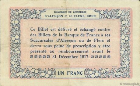 Реверс банкноты 1 франк - Торговые палаты Алансона и Флера (Франция) 1915 года