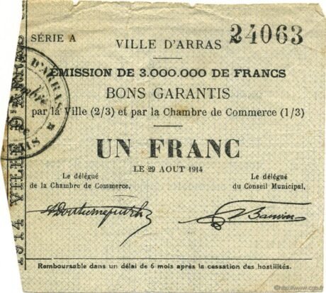 Аверс банкноты 1 франк - Торговая палата Арраса (Франция) 1914 года