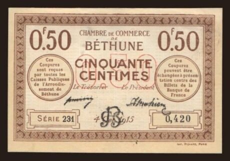 Аверс банкноты 50 сантимов - горнодобывающая компания Бетьюн (Франция) 1915 года