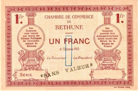 Аверс банкноты 1 франк - Торговая палата Бетюна (Франция) 1915 года