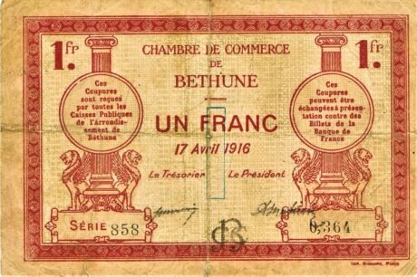 Аверс банкноты 1 frank – Izba Handlowa w Bethune (Francja) 1916