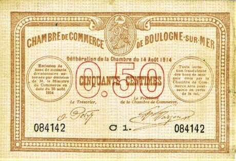 Аверс банкноты 50 сантимов - Торговая палата Булонь-сюр-Мер (Франция) 1914 года