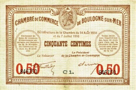 Аверс банкноты 50 сантимов - Торговая палата Булонь-сюр-Мер (Франция) 1914 года