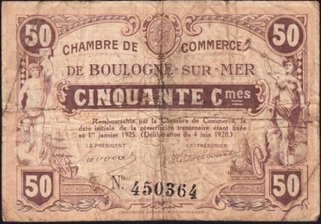 Аверс банкноты 50 centymów – Izba Handlowa w Boulogne-sur-Mer (Francja) 1920