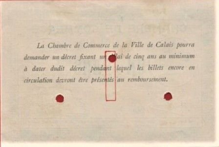 Реверс банкноты 1 франк - Торговая палата Кале (Франция) 1914 года