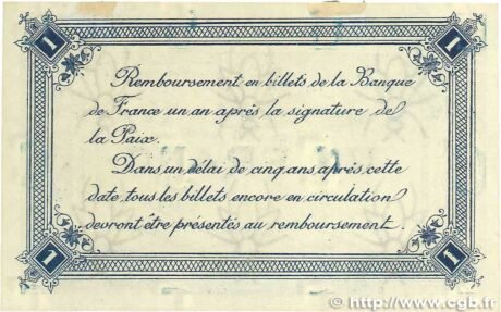 Реверс банкноты 1 франк - Торговая палата Кале (Франция) 1916 года