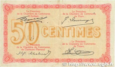 Реверс банкноты 50 centymów – Izba Handlowa Puy-de-Dôme (Francja) 1918