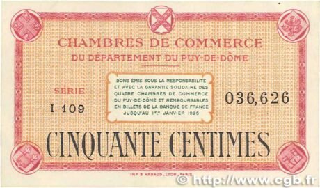 Аверс банкноты 50 сантимов - торговая палата Пюи-де-Дом (Франция) 1918 года