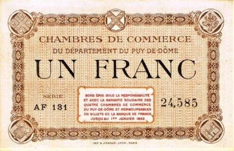 Аверс банкноты 1 frank – Izba Handlowa Puy-de-Dôme (Francja) 1920
