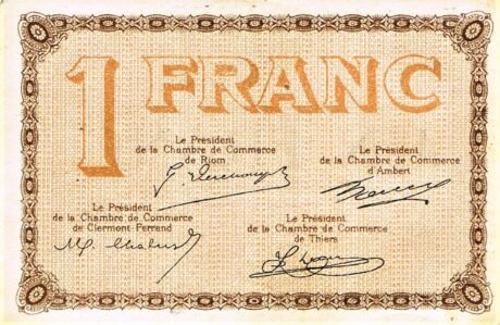 Реверс банкноты 1 frank – Izba Handlowa Puy-de-Dôme (Francja) 1920