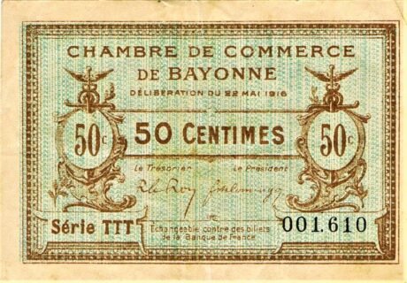 Аверс банкноты 50 сантимов - Байонская торговая палата (Франция) 1916 года