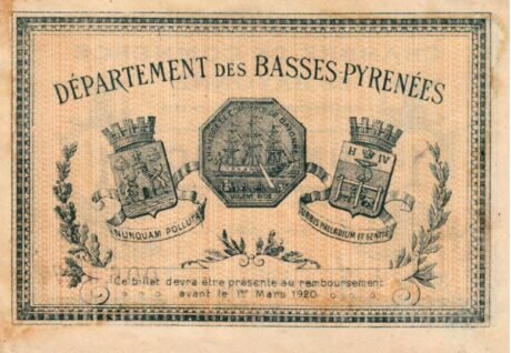 Реверс банкноты 1 frank – Izba Handlowa w Bayonne (Francja) 1915