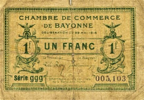 Аверс банкноты 1 франк - Байонская торговая палата (Франция) 1916 года