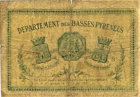 Реверс банкноты 1 франк - Байонская торговая палата (Франция) 1916 года