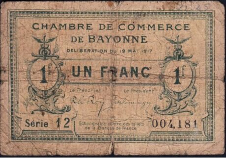 Аверс банкноты 1 frank – Izba Handlowa w Bayonne (Francja) 1917