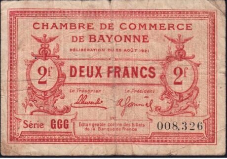 Аверс банкноты 2 франка - Байонская торговая палата (Франция) 1921 года