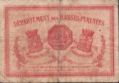 Реверс банкноты 2 франка - Байонская торговая палата (Франция) 1921 года