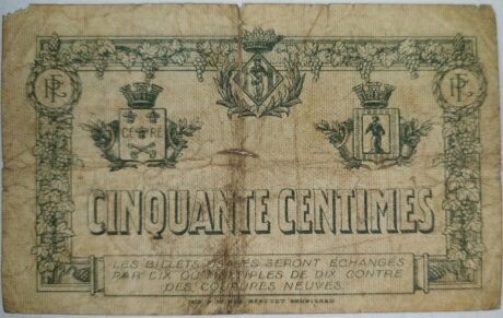 Реверс банкноты 50 сантимов - Перпиньянская торговая палата (Франция) 1919 года