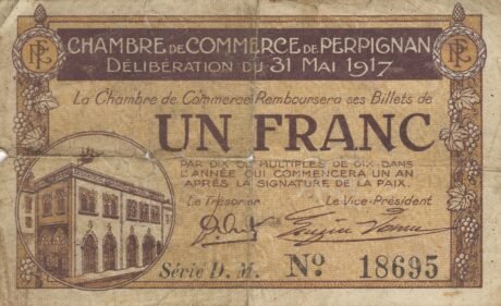 Аверс банкноты 1 frank – związki zawodowe wschodnich Pirenejów (Francja) 1917