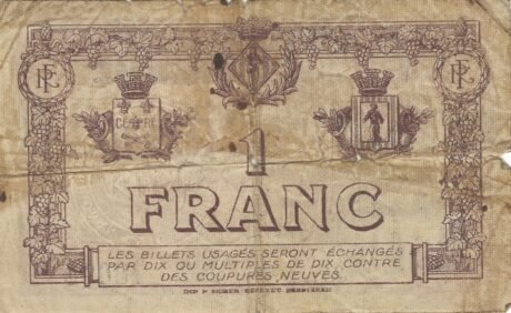 Реверс банкноты 1 frank – związki zawodowe wschodnich Pirenejów (Francja) 1917