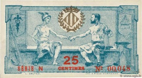 Реверс банкноты 25 centymów – związki zawodowe wschodnich Pirenejów (Francja) 1916