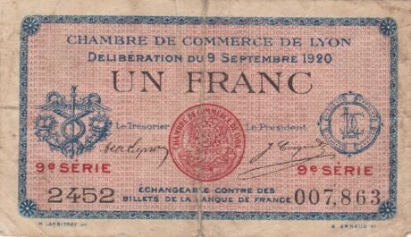 Аверс банкноты 1 франк - Лионская торговая палата (Франция) 1914 года