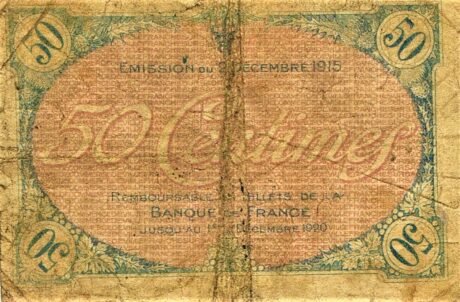 Реверс банкноты 50 сантимов - торговая палата Вильфранш-сюр-Сон (Франция) 1915 года