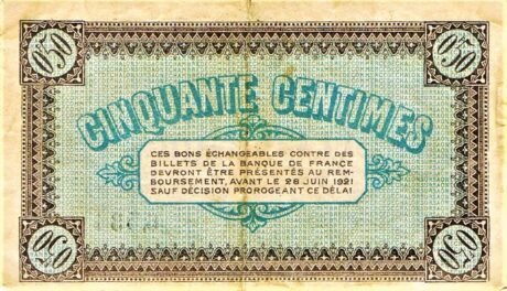 Реверс банкноты 50 сантимов - торговая палата Шалон-сюр-Сон, Отен и Луан (Франция) 1916 года