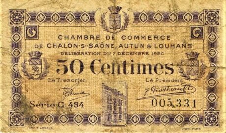 Аверс банкноты 50 сантимов - торговая палата Шалон-сюр-Сон, Отен и Луан (Франция) 1920 года