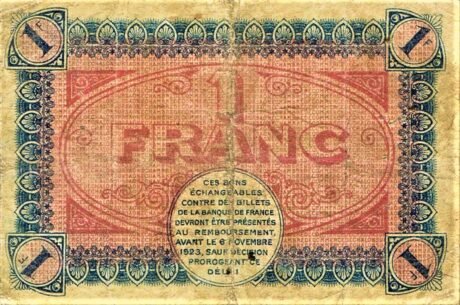 Реверс банкноты 1 франк - торговая палата Шалон-сюр-Сон Отен и Луан (Франция) 1918 года