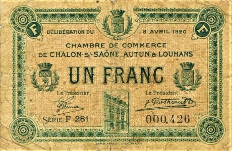 Аверс банкноты 1 frank – Izba Handlowa Chalon-sur-Saône, Autun i Loings (Francja) 1920
