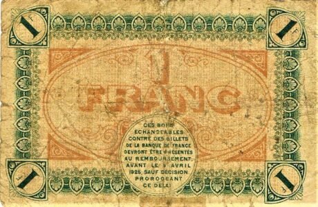 Реверс банкноты 1 frank – Izba Handlowa Chalon-sur-Saône, Autun i Loings (Francja) 1920