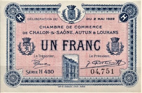 Аверс банкноты 1 франк - торговая палата Шалон-сюр-Сон Отен и Луан (Франция) 1922 года