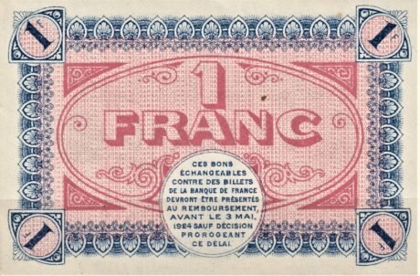 Реверс банкноты 1 франк - торговая палата Шалон-сюр-Сон Отен и Луан (Франция) 1922 года