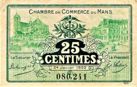 Аверс банкноты 25 сантимов - торговая палата Ле-Мана (Франция) 1922 года