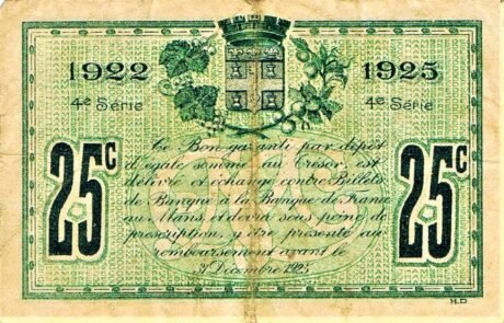 Реверс банкноты 25 сантимов - торговая палата Ле-Мана (Франция) 1922 года