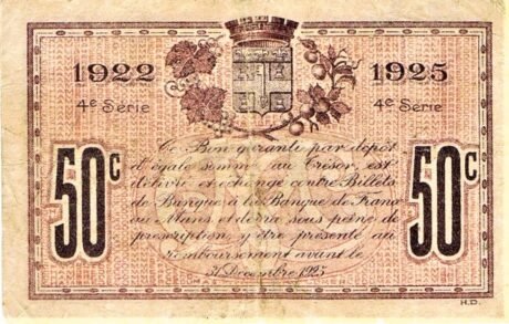 Реверс банкноты 50 сантимов - торговая палата Ле-Мана (Франция) 1922 года