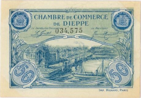 Аверс банкноты 50 centymów – Izba Handlowa w Dieppe (Francja) 1920
